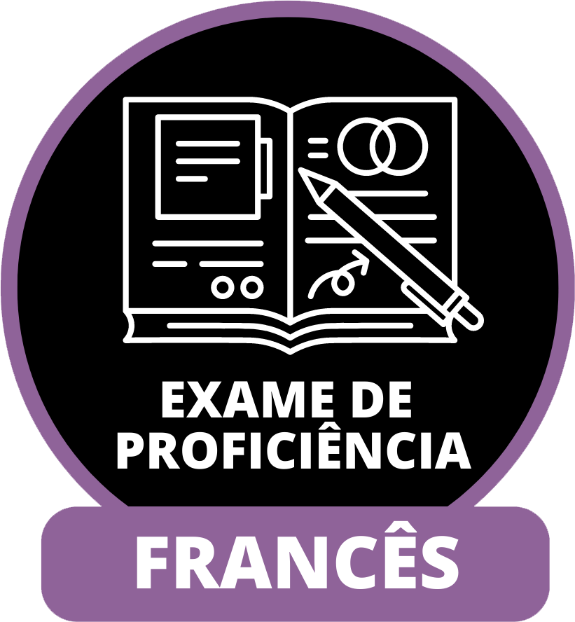 "Ícone com um livro e um lápis e as palavras: "Exame de Proficiência em Francês"