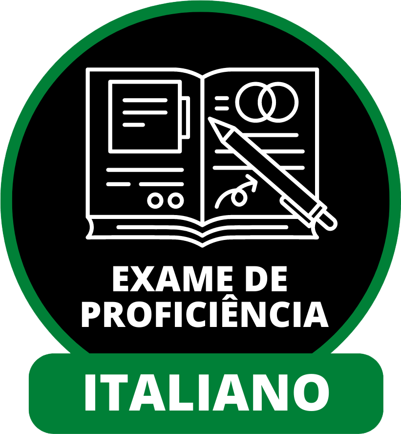 "Ícone com um livro e um lápis e as palavras: "Exame de Proficiência em Italiano"