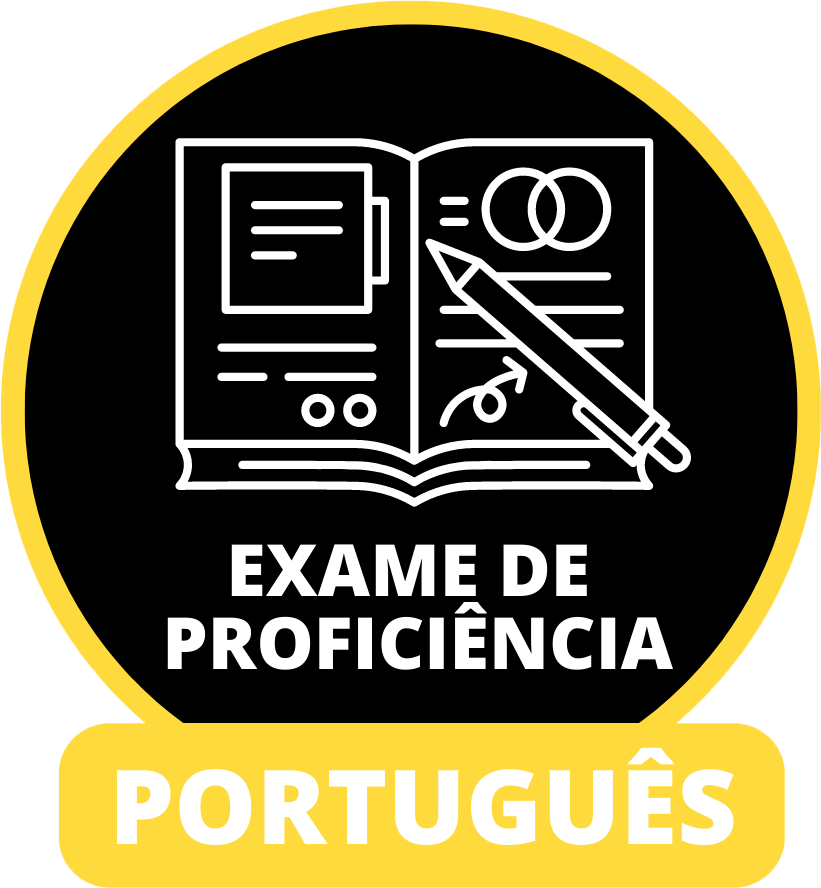 "Ícone com um livro e um lápis e as palavras: "Proficiência de Português"